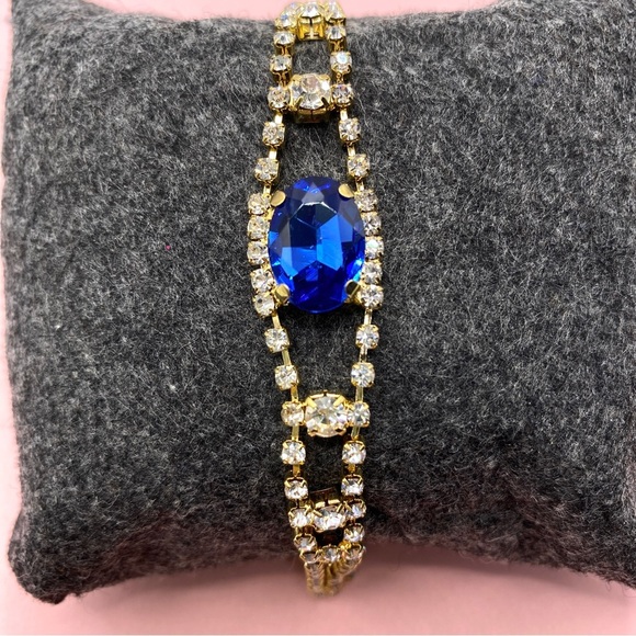 Blue Rhinestone Bracelet Gold Tone Sparkly - Picture 1 of 6